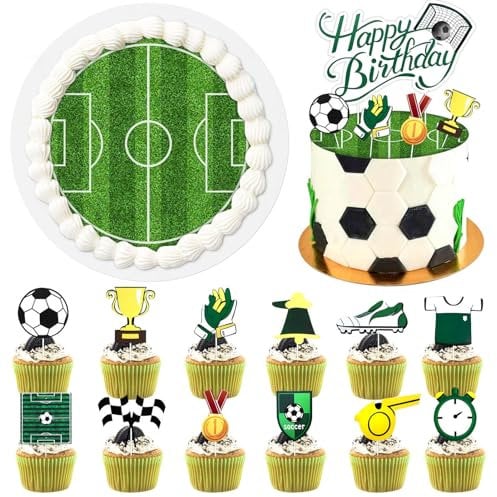 Fußball Tortendeko Essbare für Kinder - Tortendeko Fussball Essbar, Essbarer Tortenaufleger Ø 20 cm, Fussball Deko Geburtstag Kinder Esspapier Cupcake Topper,Kuchen Deko für Jungen Geburtstag