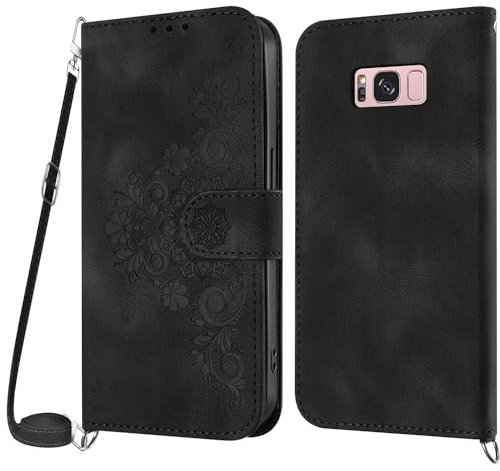 Netany Handykette Hülle für Samsung Galaxy S8, Handyhülle für Samsung S8 Hülle mit Kette Klappbar, PU Leder Necklace Klapphülle und Umhängeband Lanyard Flip Stoßfest Schutzhülle mit Band (Schwarz)