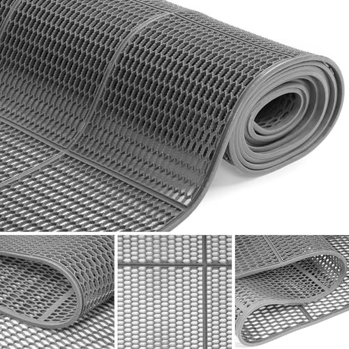 MYOYAY Drainage Bodenmatte 4mm Dick, rutschfest Kommerzielle Matte 90 x 300cm Pool Matte PVC Mesh Hohlmatte Perforiert Gummimatte Duschmatte Antirutschmatte für Küche Schwimmbad Grau
