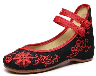 TRC - Zapatos planos de ballet de lona con bordado de girasol para mujer, con correa al tobillo, estilo casual, de algodón, bordado chino, zapatos de bailarina, Black, 40.5 EU