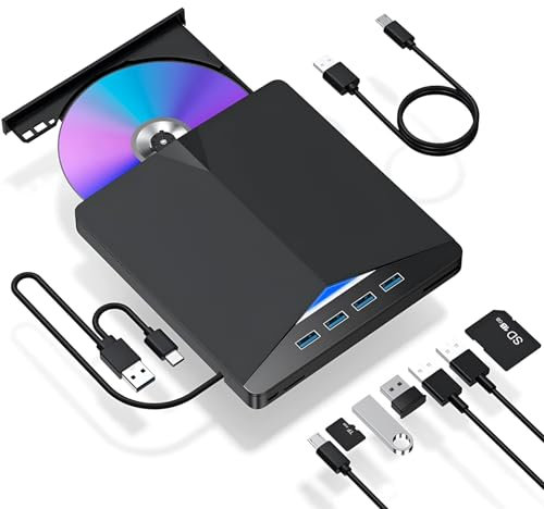 External CD DVD Drive for Laptop with 4 USB 3.0 Ports and 2 TF/SD Card Slots TYPE C Portable Usb Dvd Drive External for Laptop Desktop PC iMac MacBook Pro/Air Windows 11/10/8/7/XP Linux Mac OS