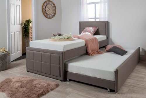 Grey Fabric Single Trundle Guest Bed Frame, Sleep Factorys Grayson Bed with Pull Out Trundle - 3ft Single (90 x 190 cm) with 2 Memory Foam Mattresses