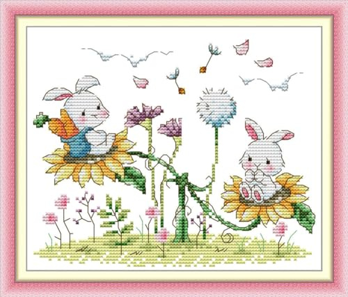 CaptainCrafts Cross Stitch Kits, Stamped Cross Stitch Preprinted Fabric DIY Art Embroidery Kits Needlework Crafts (Preprinted 11CT, The Forest Playground-Rabbit)