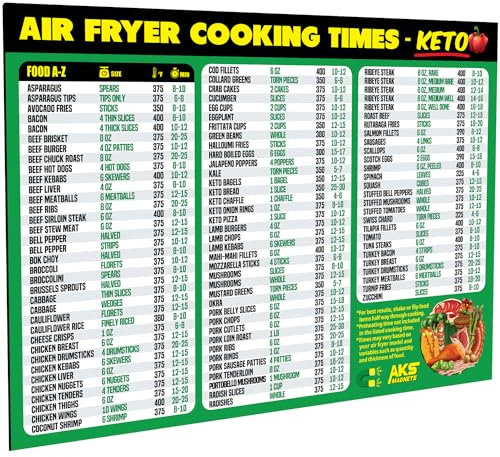Air Fryer Cheat Sheet Magnet, Keto Edition - Air Fryer Cooking Times Chart for 100 Keto Food Items - Magnetic Airfry Guide for Ketogenic Cookbooks and Recipes - Low Carb Diet Plan Airfryer Accessories