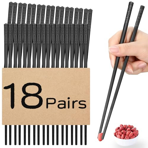 18 Pairs Fiberglass Chopsticks, NEWDRIP Reusable Chopsticks Dishwasher Safe, Japanese Chinese Chop sticks for Home and Restaurant, Non-slip, 9.5 inches - Black