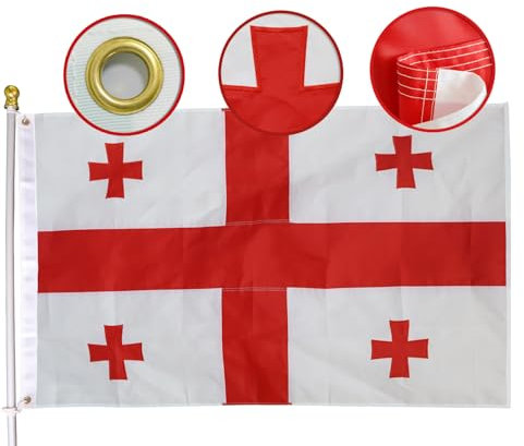 MIDLE Georgia-Flagge, doppelseitig, 90 x 150 cm, für den Außenbereich, groß, bestickt, fünf Kreuzflaggen, vierfach genähte Fliegenenden, Dekoration für Haus, Hof, georgisches Banner