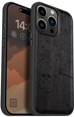 Carveit Holz Cover für iPhone 14 Pro Max Handyhulle kompatibel MagSafe Massivholz für Apple 14 pro max Handyhülle Stoßstange Weich TPU hulle（Dunklesholz-Zodiac Mystique ）