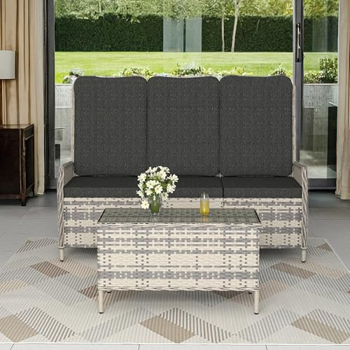 Trumbeak Polyrattan Lounge Set - 3 Personen Gartenmöbel Sitzgruppe Tisch - Sitzgarnitur mit Verstellbarer Rückenlehne aus Gartensofa,Beistelltisch für Garten Terrasse,Schwarz