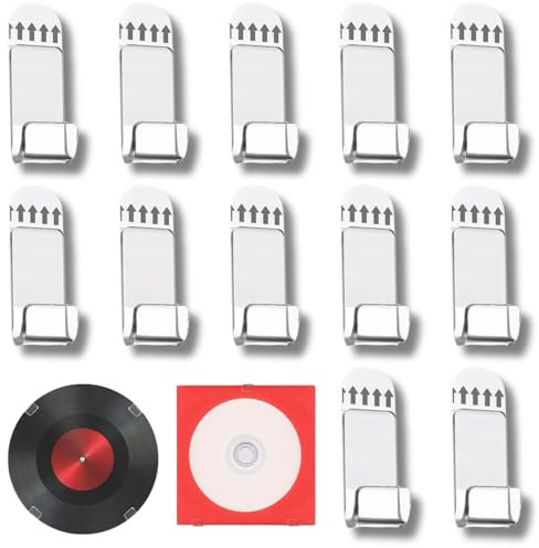 12 Pcs Vinyl Record Hangers, Self Adhesive Wall Mount Vinyl Display Hooks, Clear Acrylic Album Storage Hanger with Tape for Single Music Lp Album Cover CD Card Collection Magazine Home Office