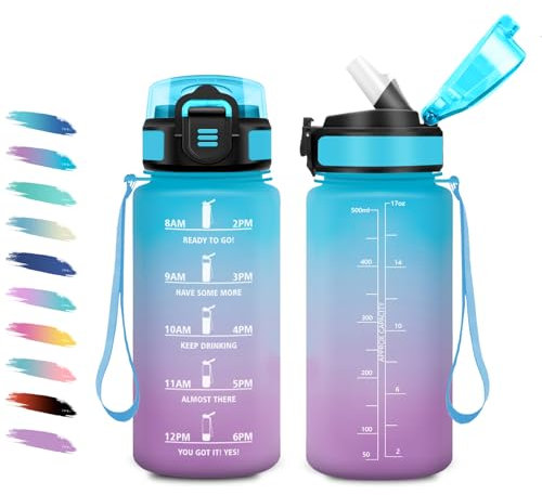 Bouteille 500ml, Gourde Enfant avec Paille, Motivation Bouteille Marqueur de Temps, Facile à Transporter, Étanche & Réutilisable, Gourde Graduée pour Enfant, l'École, Bureau, Randonnée, Fitness