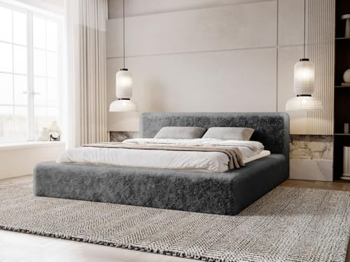 GRAINGOLD Enjoy Bett 180x200, Polsterbett mit Bettkasten, Polsterbett mit Stauraum, Plüsch Stoff, mit Lattenrost, mit Kopfteil, ohne Matratze (Dunkelgrau, 160x200)