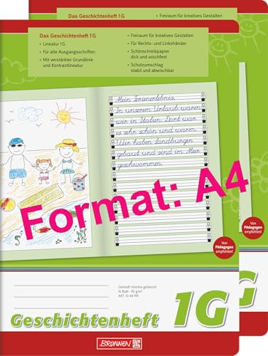 BRUNNEN Geschichtenheft | A4, Lineatur 1G, 16 Blatt, grün 2er Pack - Wahlweise mit passenden Heftumschlägen