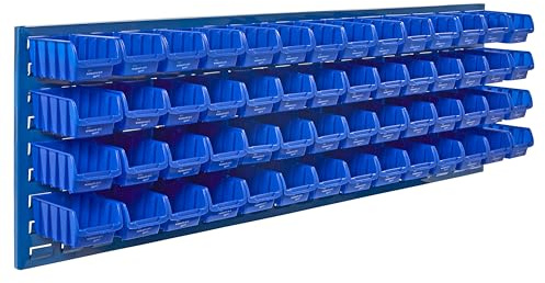 The Workplace Depot Louvre Panel & Bins Kit – Steel Wall-Mounted Storage Organiser 460(H) × 1490(W) mm with Plastic Bins – Ideal Workshop, Garage & Office (Blue, with x30 Medium Bins)