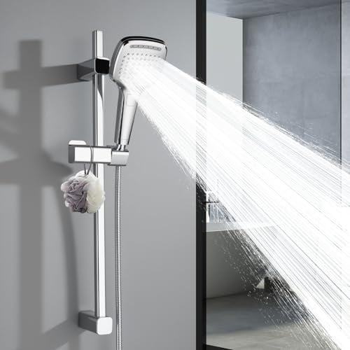Ronvie Duschstange 68cm mit 3-Strahlarten Handbrause, Chrom | Quadratisches Edelstahl Brausestange mit 150cm schlauch, Duschset mit 360° drehbarer Brausehalterung