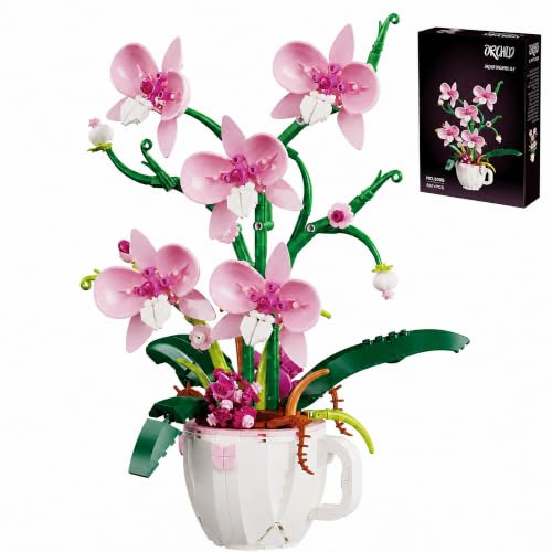 LQPFBSM Pink Orchid Flower Botanical Building Block Set 567 Pcs | Bouquet in Coffee Cup Model Kit Elegant Home Office Desk Decor Creative Plant Craft Gift for Women Adults