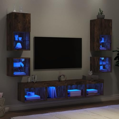 Owoxanthellate 8 Piece TV Wall Units with LED, Floating TV Cabinet Smoked Oak Engineered Wood, 30-60 cm Modular Media Wall Unit, RGB Lights, Wall-Mounted Entertainment Centre for Living Room