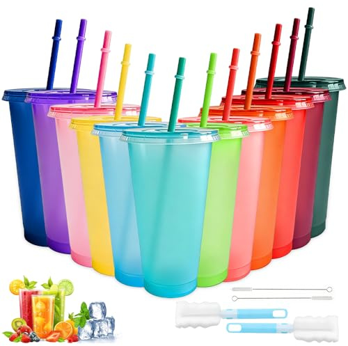 XPJBKC Plastic Cups with Lids and Straws, 12 Pack 24oz Rainbow Reusable Plastic Cups, Travel Iced Coffee Mug Tumbler Set Cold Drink Water Cups for Kid Adults Travel Party Beach Pool Gatherings