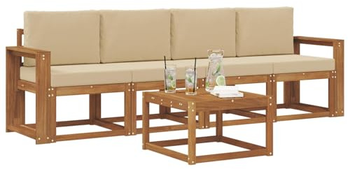 vidaXL Outdoor-Sofagarnitur 5 pcs Natur und Beige Massivholz Akazie, Garten-Sektionalsitz, Moderne Außenmöbel, langlebige Lounge, entspannte Terrasse für alle