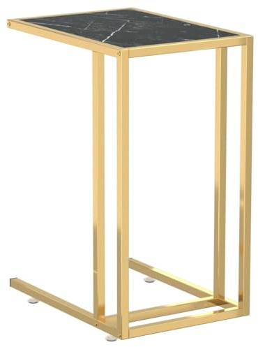 Fisinber Mesa de ordenador con aspecto de mármol, color negro y dorado, 50 x 35 x 65 cm, moderna mesa para ordenador portátil, de cristal templado y metal, pequeña mesa de café para salón, dormitorio