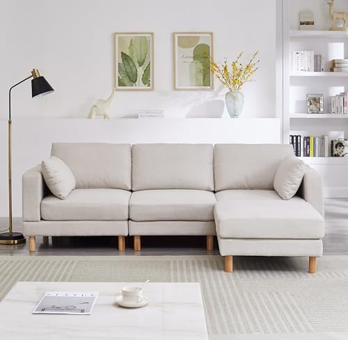 phosir Ecksofa Beige mit Hocker – modulares 3-Sitzer L-Form-Sofa, Massivholzbeine, nordischer Stil, Wohnlandschaft, 235x152x78 cm
