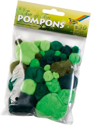 folia 50394 - Pompons Ton in Ton, 30 Stück sortiert in verschiedenen Größen, grün - ideal für farbenfrohe Bastelarbeiten