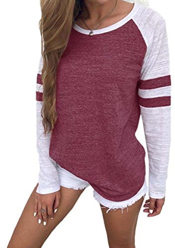 Famulily Women's Long Sleeve Baseball Tee Shirt Crew Neck Colorblock Striped Tops(Wine,Medium)