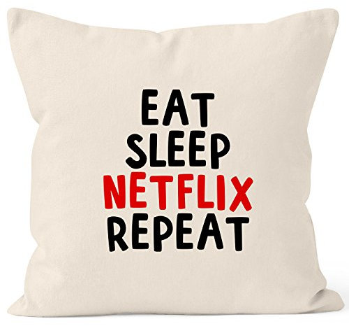 MoonWorks Kissen-Bezug Eat Sleep Netflix Repeat Kissen-Hülle Deko-Kissen Baumwolle Natur Unisize