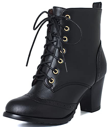 Onewus Bottes Courtes pour Femmes à Talon Épais avec Lacets et Doublure en Fourrure