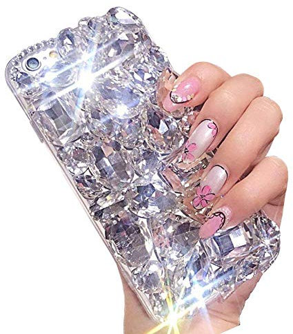 LCHDA Bling Diamond Case for iPhone 8 Plus/iPhone 7 Plus 5.5 Glitter Clear Crystal Full Diamonds Luxury Sparkle Transparent Rhinestone Bumper Protective Phone Case Cover for Woman Girls - White