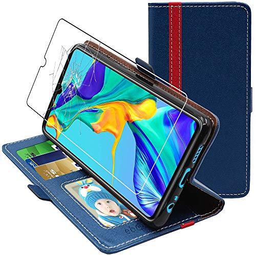 ebestStar - Coque pour Huawei P30, Etui Portefeuille Protection, Housse Pochette PU Cuir Porte Carte, Bleu Foncé/Rouge + Verre Trempé