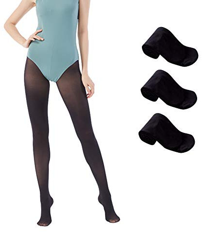MANZI 3 Paare Ballettstrumpfhose für Mädchen Tanz Strumpfhosen mit Fuß 40 Den,Schwarz,Medium