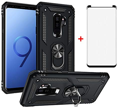 Phone Case for Samsung Galaxy S9 Plus with Tempered Glass Screen Protector Magnetic Rugged Stand Ring Holder Accessories Protective Hard Shockproof Bumper Glaxay S9+ 9S 9plus S9plus S 9 Women Black