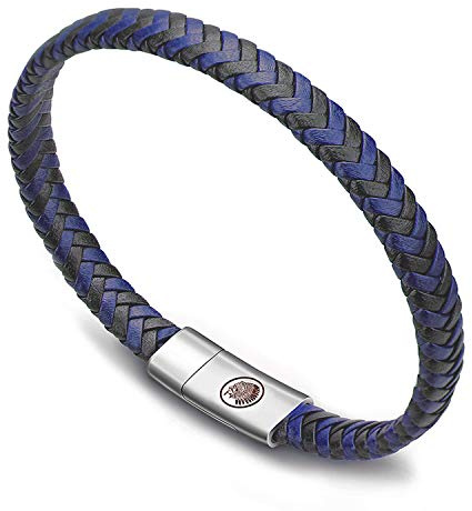Casisto.J Bracelet Homme - Bracelet Cuir Homme Manchette tressé à la Main Classique Noir et Brun avec Fermoir magnétique gravé Cadeau Bijoux Gratuit en boîte
