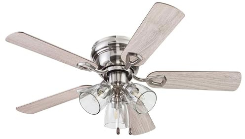 Portage Bay Ceiling Fans Renton 42 Brushed Nickel Indoor Fan with Clear 3 Light LED Multi Arm; E26/B11 Bulb and Pull-Chains, Traditional Style, 5 Reversible Barnwood/Dark Chestnut Blades, 51437