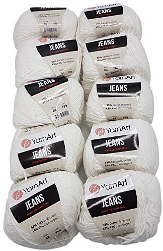10 x 50g Strickwolle YarnArt Jeans einfarbig mit 55% Baumwolle, 500 Gramm Wolle uni (weiß 62)