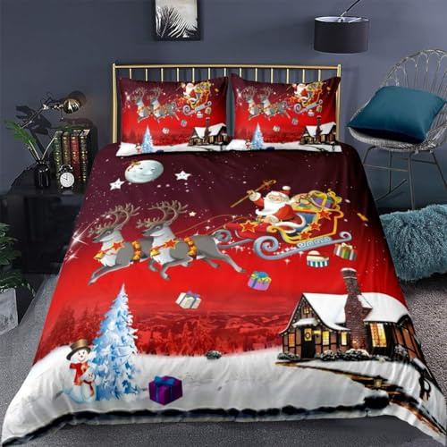 Loussiesd Weihnachten Bettwäsche Set 135x200cm für Kinder Mädchen Jungen Weihnachten Dekorativ Bettwäsche Weihnachtsmann Elch Muster Bettbezug Set Rot Weiß mit 1 Kissenbezug Weiche Mikrofaser