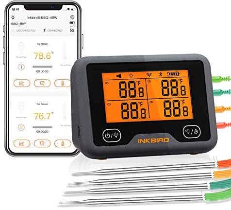 Inkbird WLAN & Bluetooth Grillthermometer IBBQ-4BW, WiFi Fleischthermometer mit 4 Temperaturfühlern + Magnethalter, USB-Wiederaufladbares Bratenthermometer mit Dual-Alarm Funktion für BBQ
