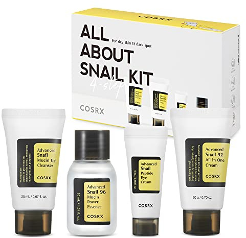 COSRX All About Snail Mucin Korean Skin Care Set, Mini Travel Essentials, Travel Size Gift Set with Snail Mucin Face Wash, Serum, Moisturizer & Eye Cream, Rejuvenating Kit, Mothers Day Gifts for Mom