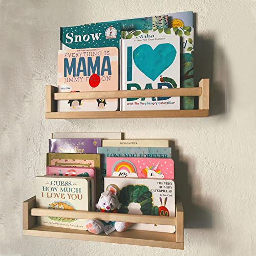 Gneric Kinder-Bücherregal – Set mit 2 schwimmenden Baby-Bücherregalen oder Bücherregalen Organizer für Kinderzimmer, Wandregale für Küche, Gewürzregal, Kiefernholz, Naturholz