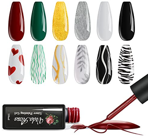 6 Colors VidaRosa Gel Liner Nail Polish UV LED Nail Painting Gel Polish, 3D Nail Art Nail Design, Line Drawing Paintbrush Pen for Nails Manicure Salon, Black - White - Gold - Silver - Red - Green