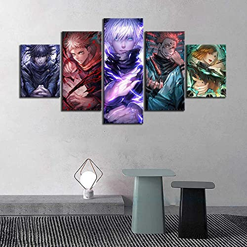 Wondbeau Leinwanddrucke Modulare Wandkunst Wandaufkleber 5 Teiliges Wandbild Druck auf Leinwand Malerei Moderne Abstrakte Poster Mit Rahmen S/75cm×40cm Anime-Jujutsu Kaisen,Yuji Gojo Sukuna