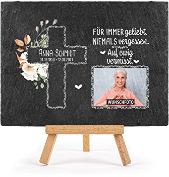 Schieferplatte selbst gestalten - Gedenktafel mit Foto, Name & Datum bedrucken - Für immer geliebt - Grabtafel, Grabschmuck - Schiefertafel mit Staffelei, 15x20 cm I Personalisierte Erinnerung