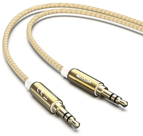 JAMEGA - 1m Aux Kabel 3.5mm Audio Kabel - Klinke Stereo 3.5mm Nylon Klinkenkabel für Kopfhörer, Lautsprecher, MP3 Player, Auto, TV, Soundbar, Heim/KFZ Stereoanlagen, Handy uvm. – Gold