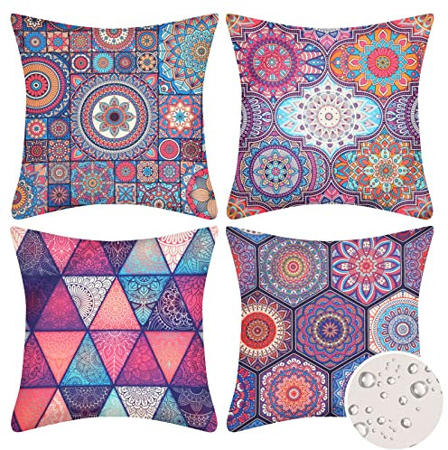 Velvhom Zierkissenbezüge 45 x 45cm Wasserdicht Leinen Kissenbezüge 4er Set Mandala Blumen Dreieck Geometrisch Muster Boho Dekokissen Kissenbezug für Sofa Couch Outdoor Deko Lila
