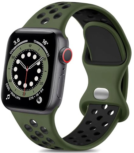 Epova Sport Cinturino in Silicone Compatibile con Apple Watch 44mm 42mm 45mm 46mm 49mm, Traspirante Cinturini di Ricambio per iWatch SE Series 10 9 8 7 6 5 4 3 2 1, Verde Militare/Nero, Grande