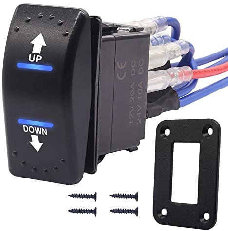 weideer Polarity Reversing Momentary Rocker Switch 20A 12V DC Motor Control 7Pin Up Down Blue LED Winch in/Out Switch with Aluminum Plate Screw Pigtail Wire K-053-M-BU-XB