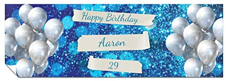 Personalised Birthday Banner, Add Name and Age, Blue Sparkles Party Poster | Happy Birthday Wall Decoration for Women, for Men, Heavyweight Paper, Vivid Print, Custom 6ft x 2ft, Him or Her