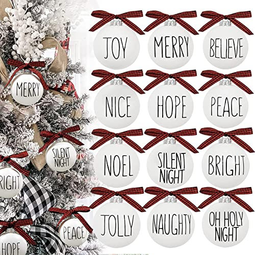 12 Stück Weihnachtskugeln Weihnachtsdeko Set - Rot Weiß Christbaumkugeln Kunststoff, 60mm Weihnachtsbaum Kugeln mit Büffelkaro-Schleifen, Segensworte, Rustikal Weihnachtsdeko Set (Weihnachten - A)