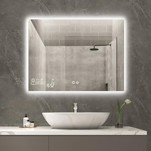 byecold 250W Infrarotheizung Spiegelheizung Spiegel Heizung Infrarot Badspiegel mit Wetter Touchschalter Smart WiFi Badezimmerspiegel mit LED Beleuchtung Warm/Kalt - Horizontal 80X60CM