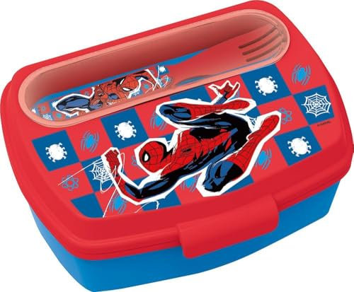 STOR Tataway in viaggio si cresce Marvel Sandwich-Box für Kinder, aus Kunststoff, Spiderman für Herren, mit Löffel und Gabel, Blau